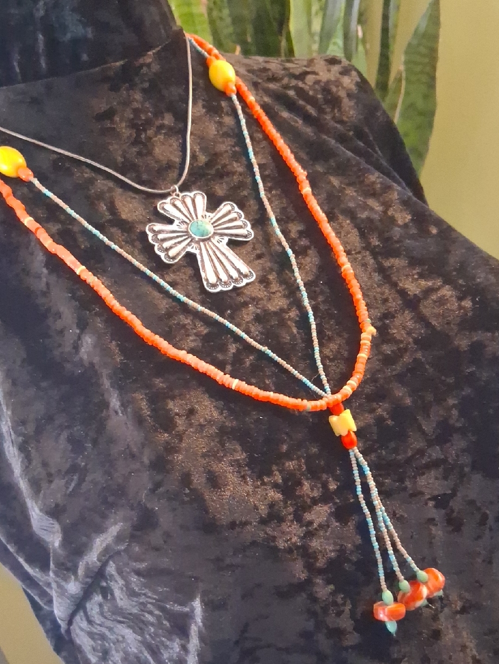 Layered Orange and Turquoise Beaded .Lia Sophia  Cross Necklace Glass Beaded